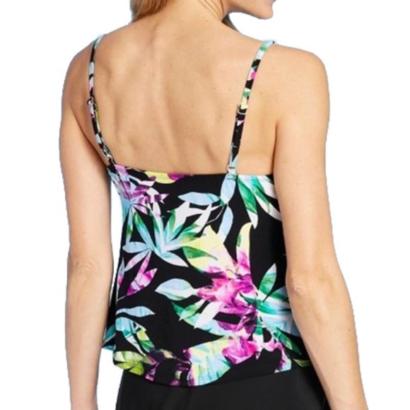 AQUA GREEN Tropical Black Tiered Tankini PLUS Tops - Picture 2 of 2